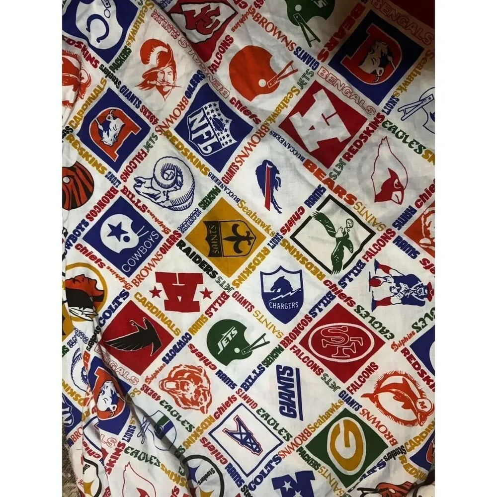 Vintage 70s NFL Teams Fitted‎ Sheet Twin Sears Perma Prest Retro Fabric USA